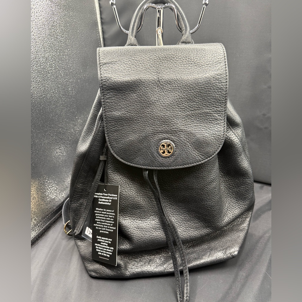 Tory Burch Black Pebbled Leather Drawstring Backpack. Preloved Good Condition